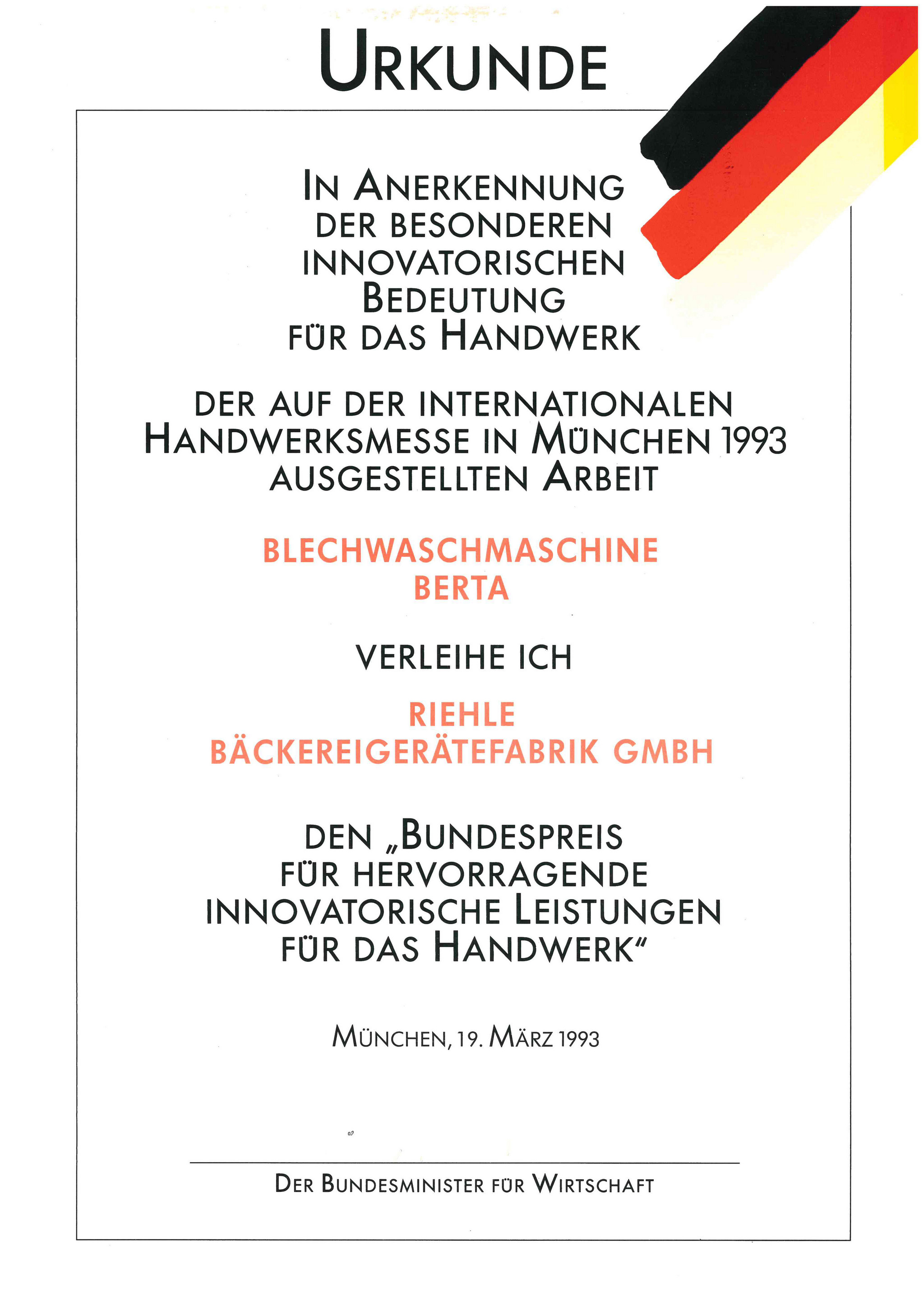 Bundespreis für hervorragende innovatorische Leistungen für das Handwerk